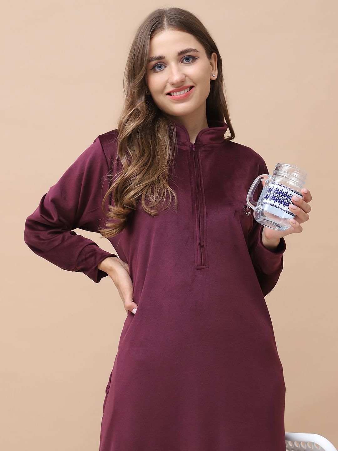 Solid Wine Velvet Maternity Velvet Nighty Full Length
