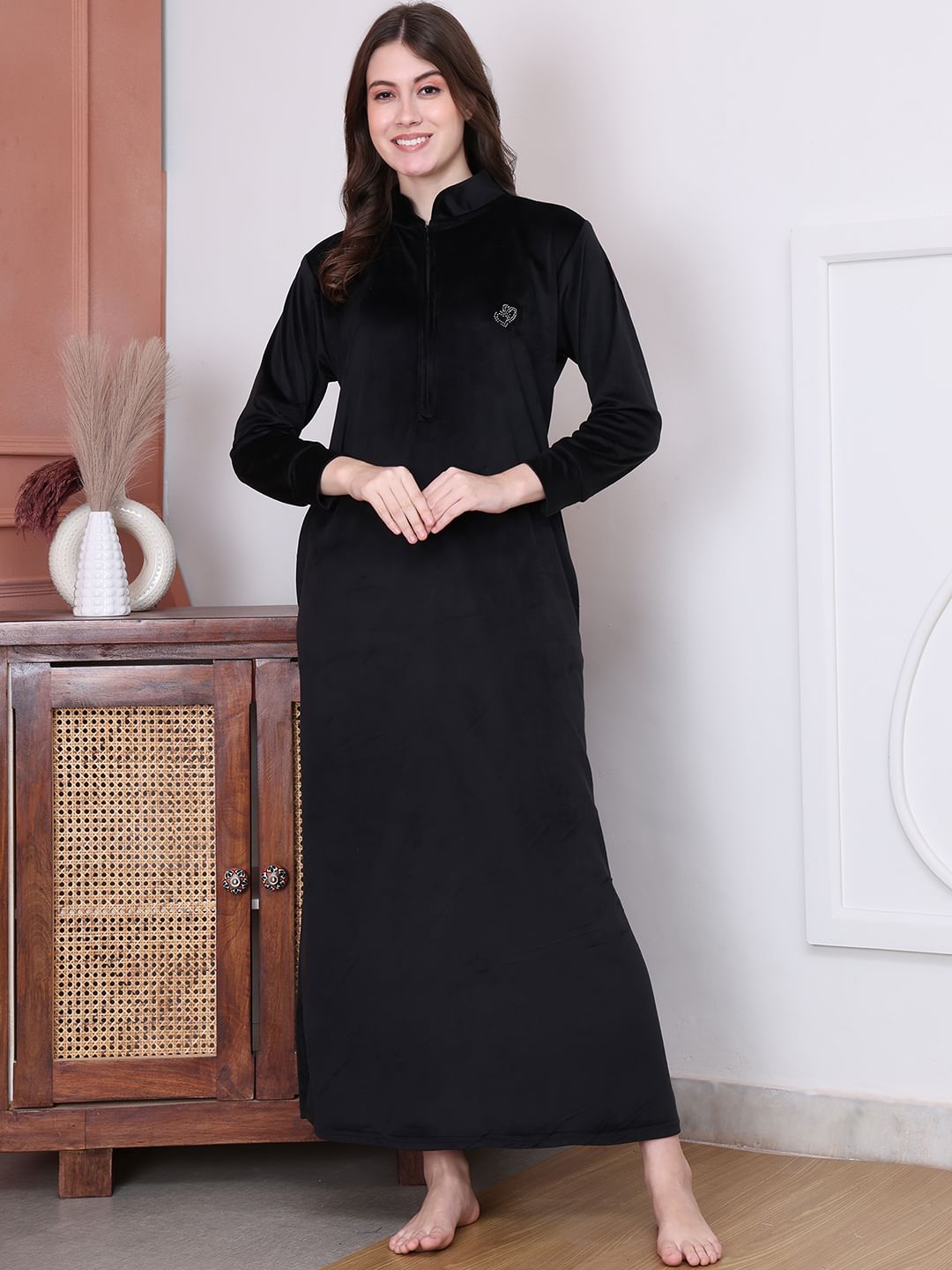 Solid Black Velvet Maternity Nighty Full Length
