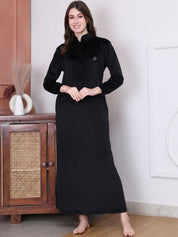 Solid Black Velvet Maternity Nighty Full Length