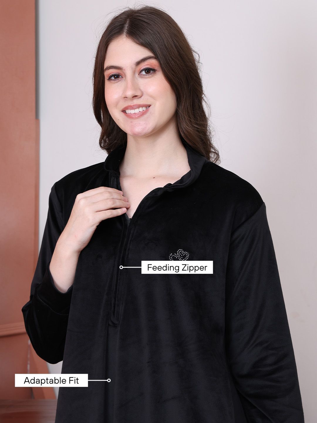 Solid Black Velvet Maternity Nighty Full Length