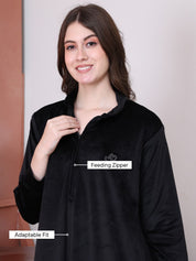 Solid Black Velvet Maternity Nighty Full Length