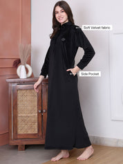 Solid Black Velvet Maternity Nighty Full Length