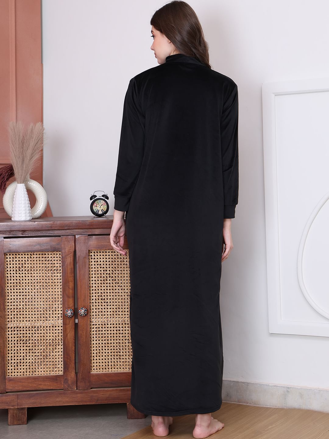 Solid Black Velvet Maternity Nighty Full Length