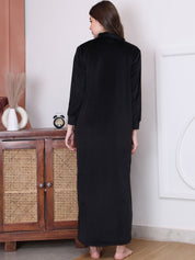 Solid Black Velvet Maternity Nighty Full Length