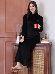 Solid Black Velvet Maternity Nighty Full Length