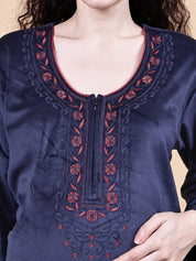 Navy Blue Solid Velvet Winter Maternity Nighty