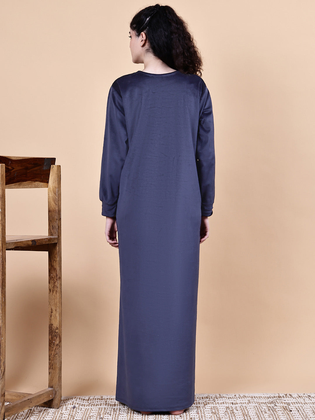 Navy Blue Solid Velvet Winter Maternity Nighty