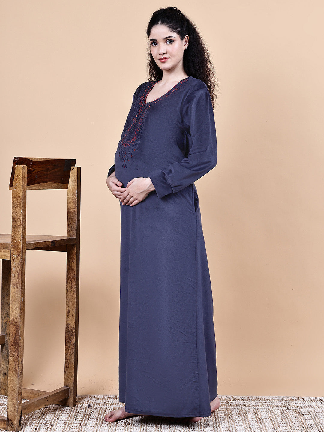Navy Blue Solid Velvet Winter Maternity Nighty