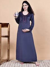 Navy Blue Solid Velvet Winter Maternity Nighty