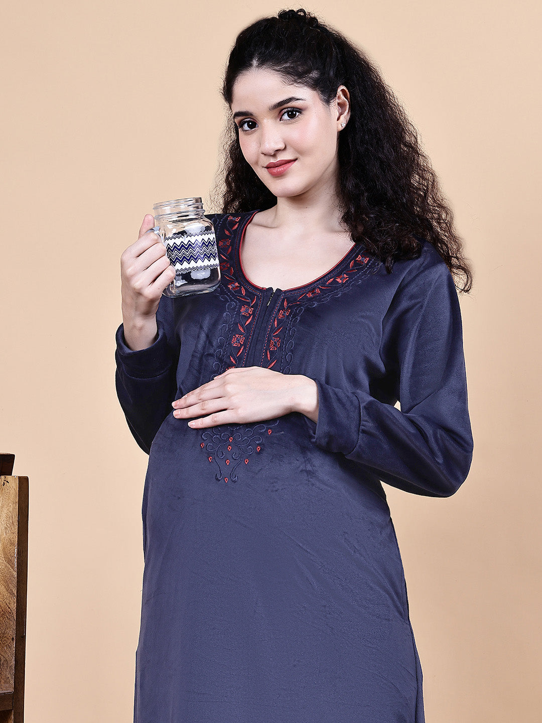 Navy Blue Solid Velvet Winter Maternity Nighty