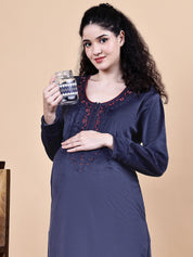 Navy Blue Solid Velvet Winter Maternity Nighty