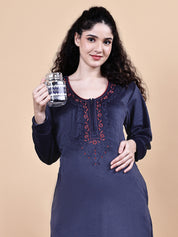 Navy Blue Solid Velvet Winter Maternity Nighty