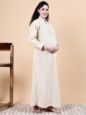 Cream Solid Fur Winter Maternity Nighty