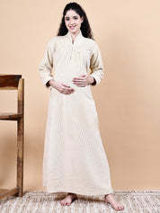 Cream Solid Fur Winter Maternity Nighty