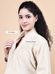 Cream Solid Fur Winter Maternity Nighty
