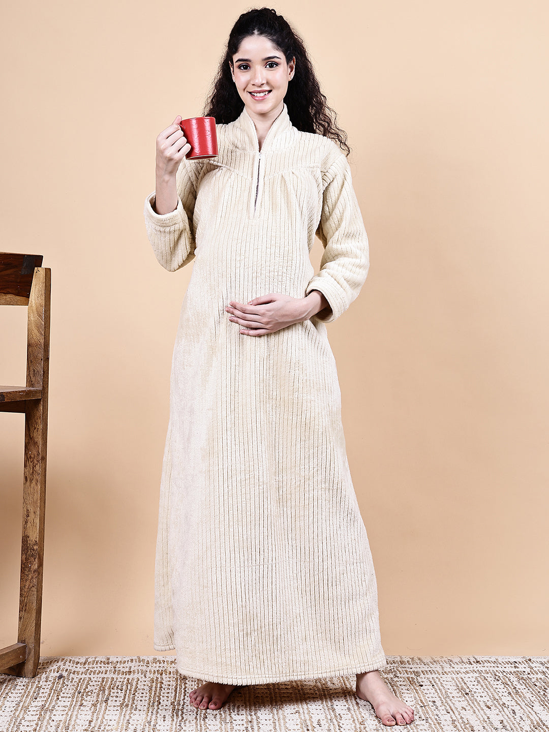 Cream Solid Fur Winter Maternity Nighty