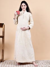 Cream Solid Fur Winter Maternity Nighty