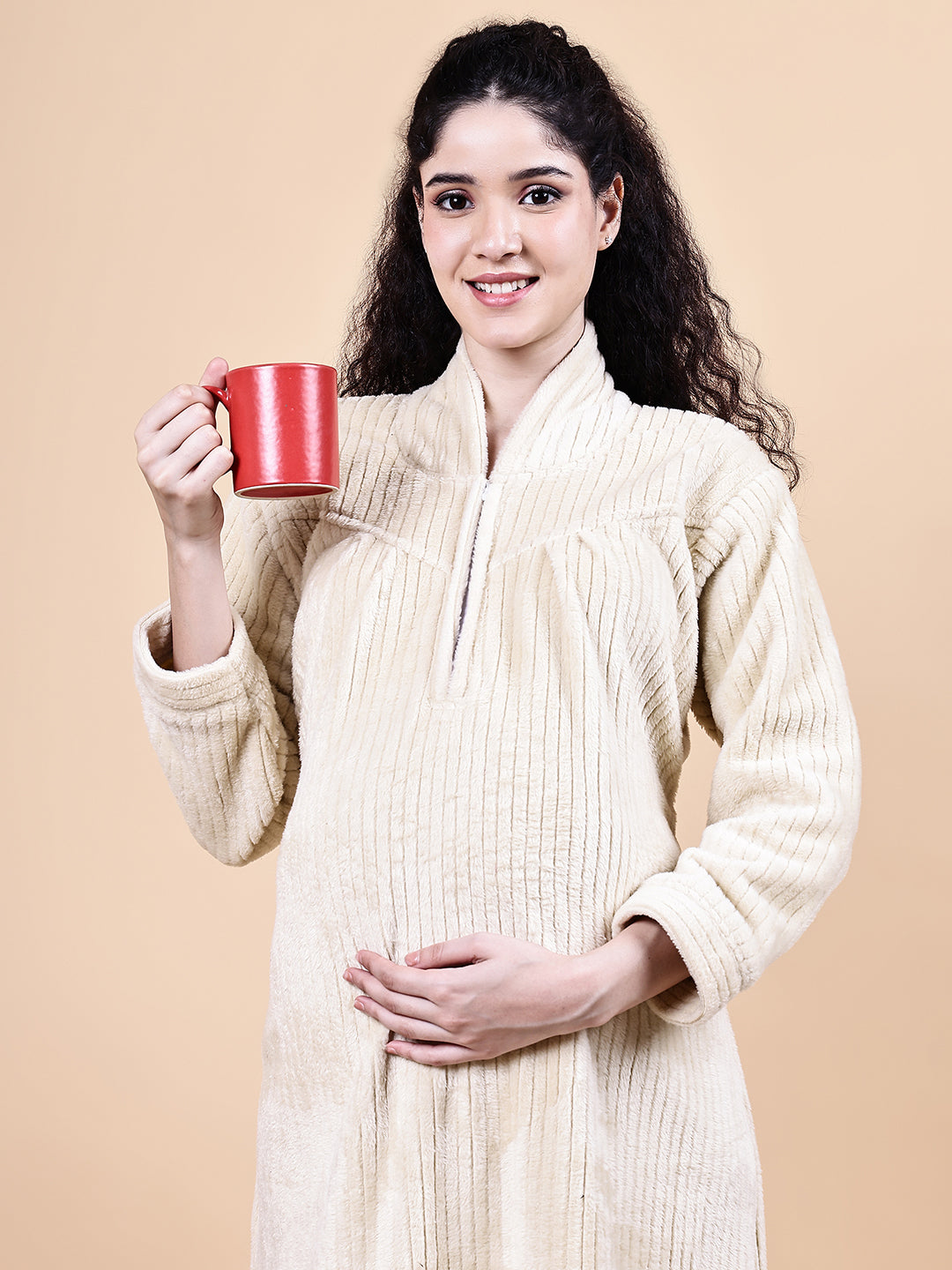 Cream Solid Fur Winter Maternity Nighty