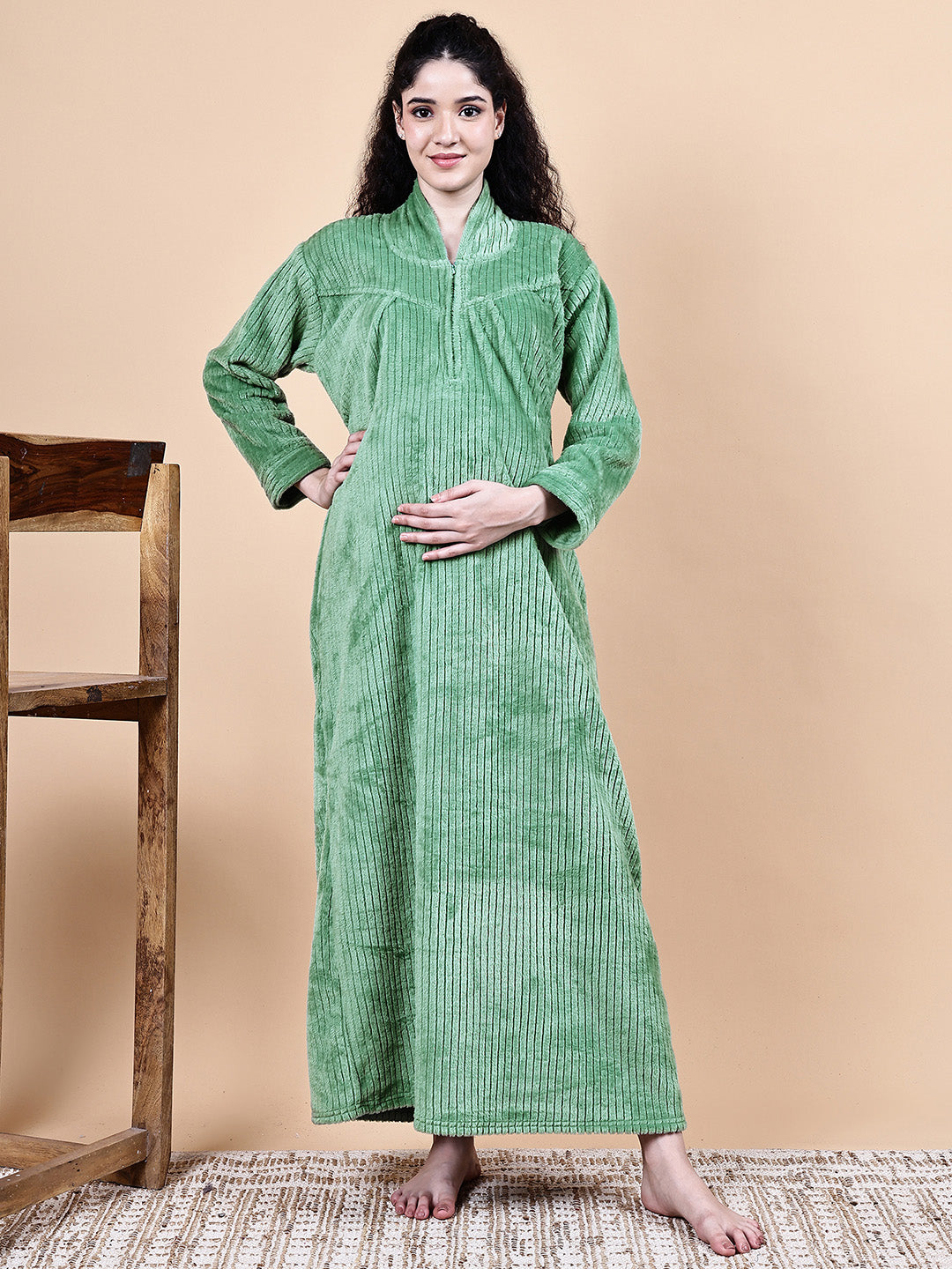 Secret Wish Aqua Green Solid Fur Winter Maternity Nighty