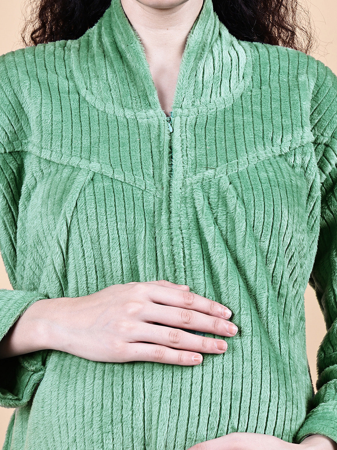 Secret Wish Aqua Green Solid Fur Winter Maternity Nighty