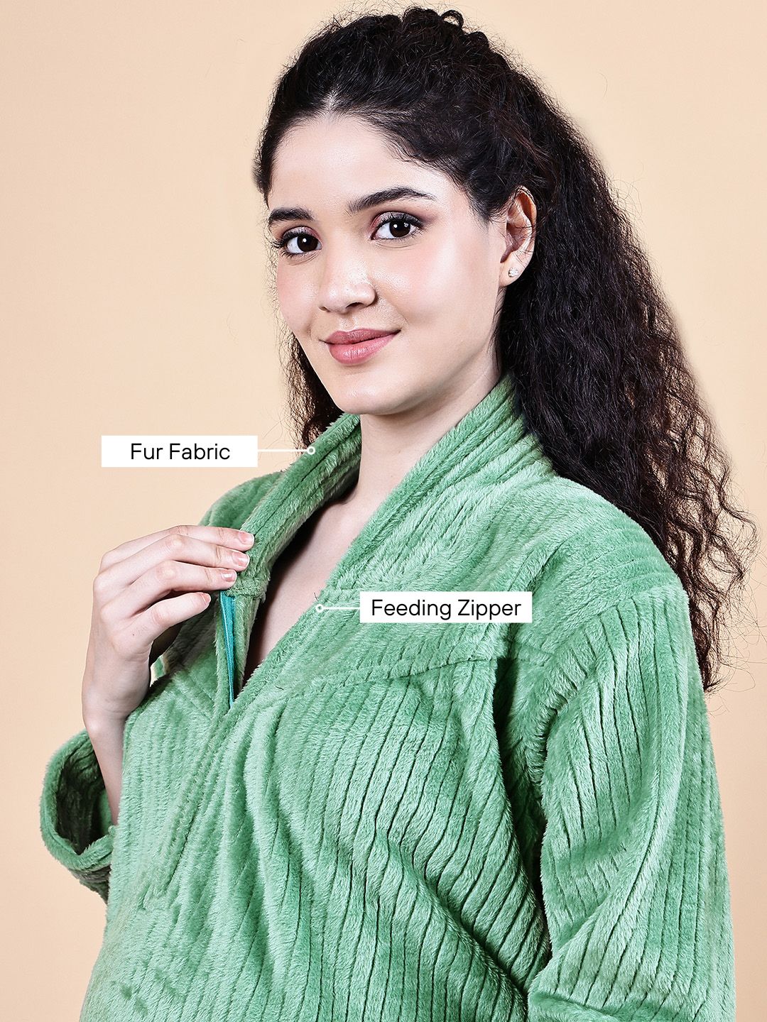 Secret Wish Aqua Green Solid Fur Winter Maternity Nighty