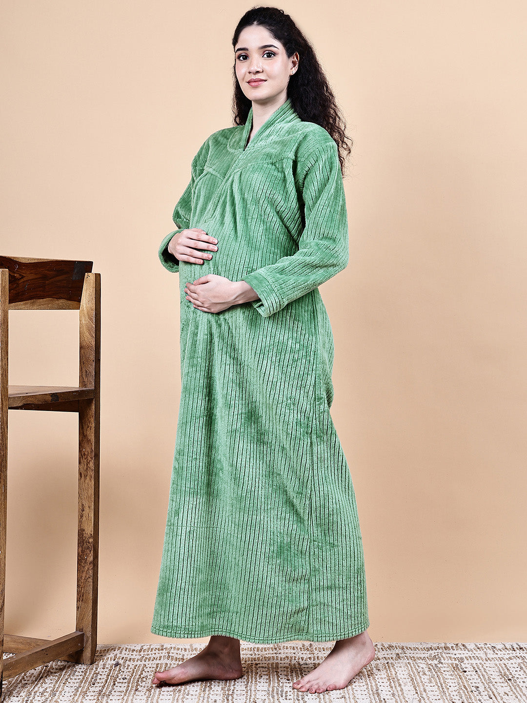 Secret Wish Aqua Green Solid Fur Winter Maternity Nighty