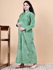 Secret Wish Aqua Green Solid Fur Winter Maternity Nighty