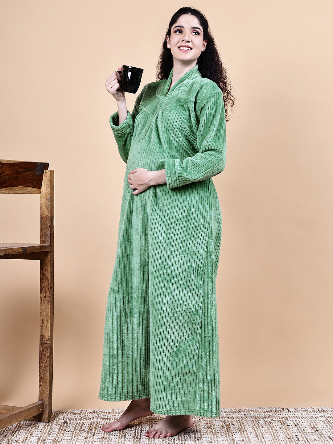 Secret Wish Aqua Green Solid Fur Winter Maternity Nighty