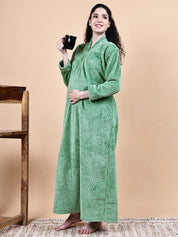 Secret Wish Aqua Green Solid Fur Winter Maternity Nighty