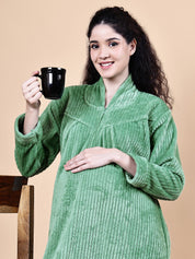 Secret Wish Aqua Green Solid Fur Winter Maternity Nighty