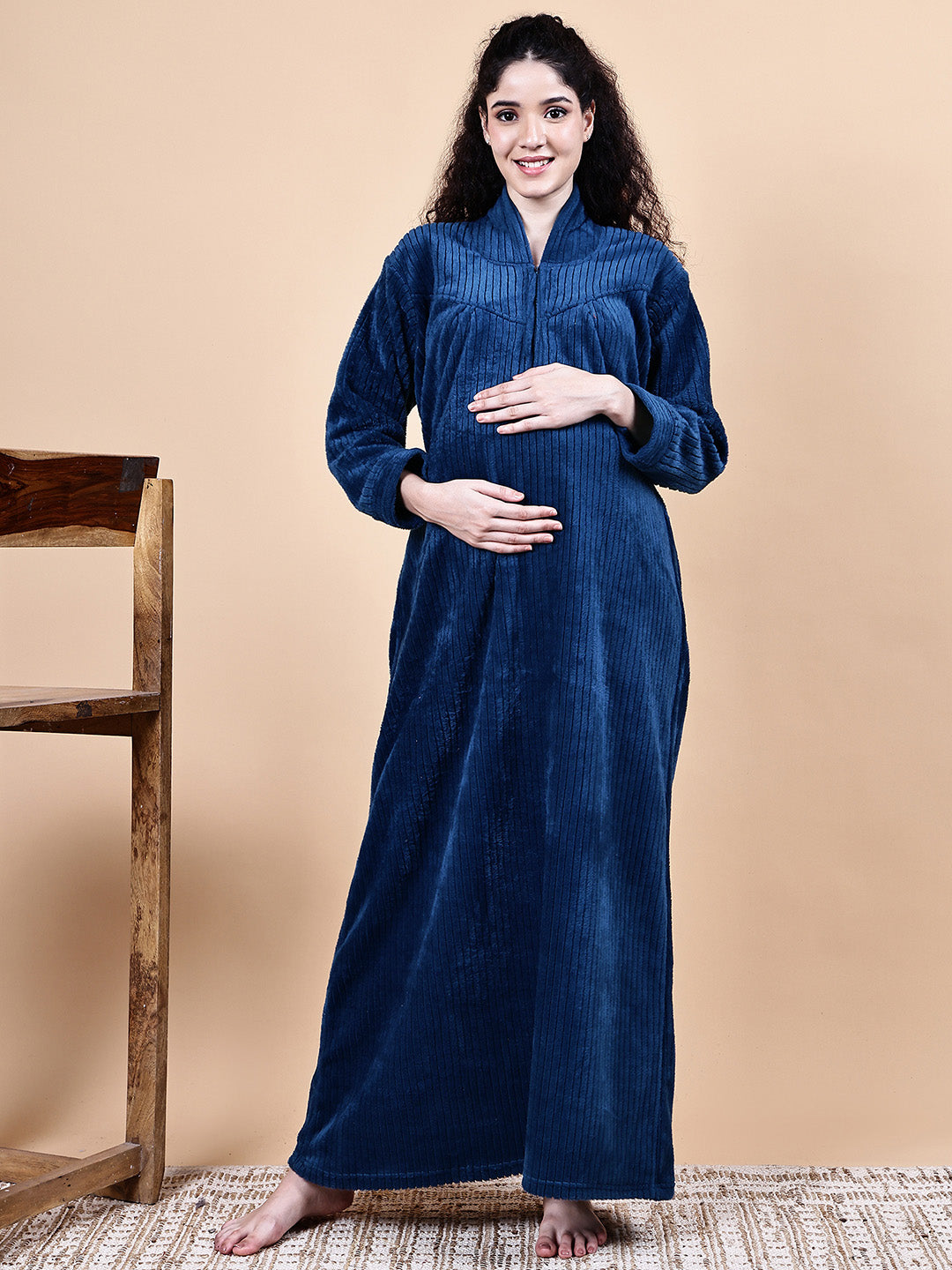 Navy Blue Solid Fur Winter Maternity Nighty