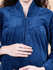 Navy Blue Solid Fur Winter Maternity Nighty