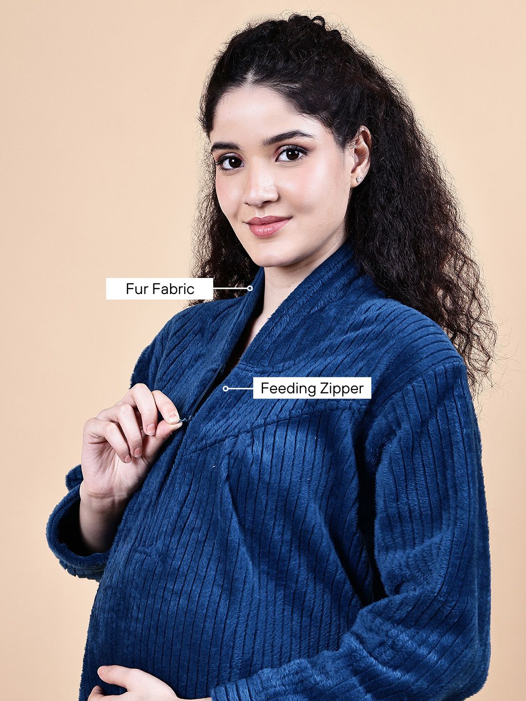 Navy Blue Solid Fur Winter Maternity Nighty