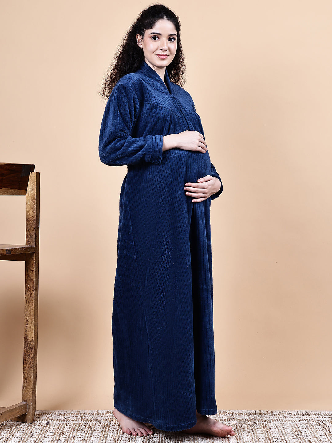 Navy Blue Solid Fur Winter Maternity Nighty