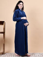 Navy Blue Solid Fur Winter Maternity Nighty