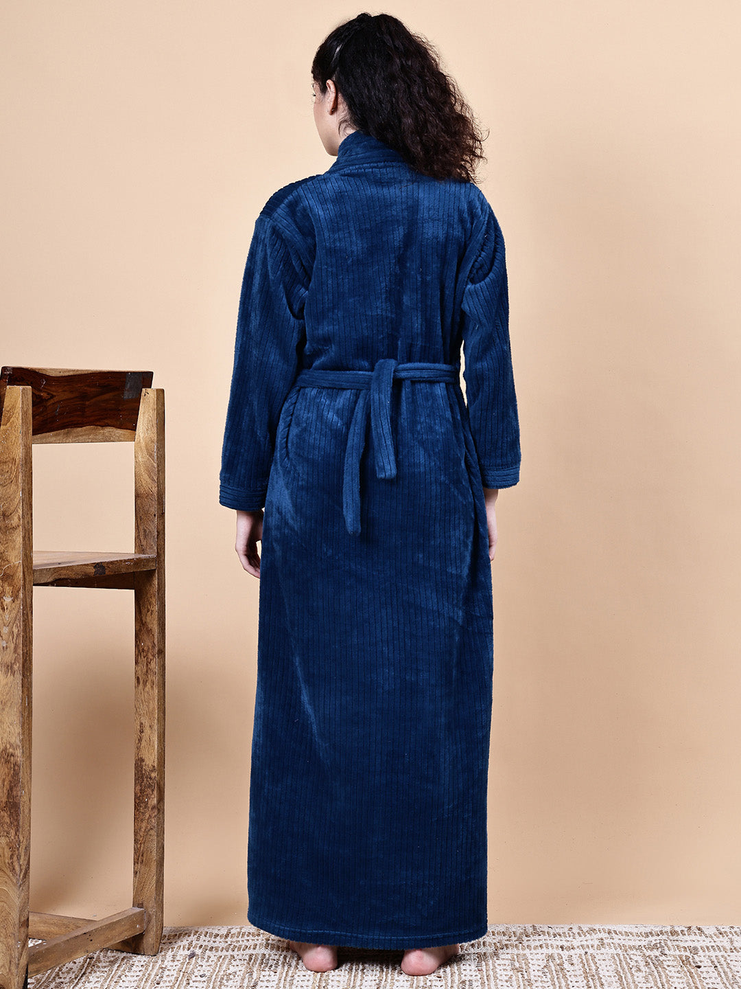 Navy Blue Solid Fur Winter Maternity Nighty