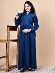 Navy Blue Solid Fur Winter Maternity Nighty