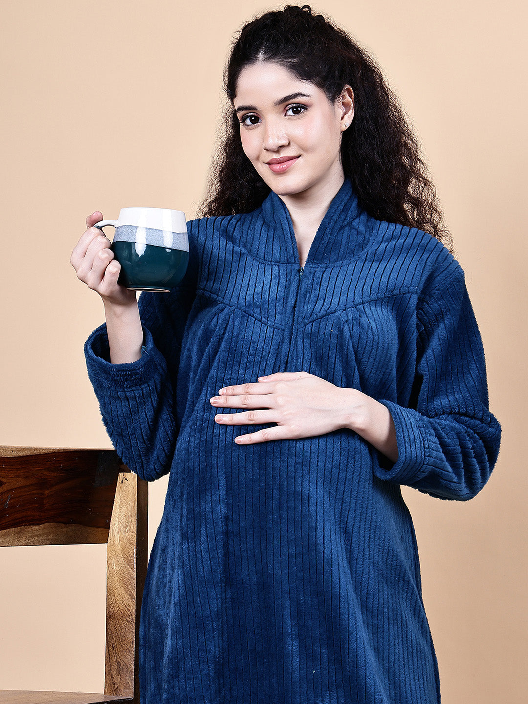 Navy Blue Solid Fur Winter Maternity Nighty