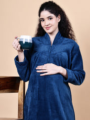 Navy Blue Solid Fur Winter Maternity Nighty