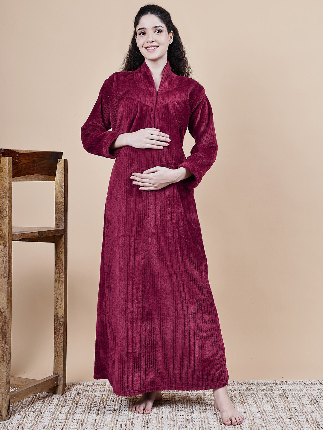 Maroon Solid Fur Winter Maternity Nighty
