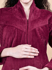 Maroon Solid Fur Winter Maternity Nighty
