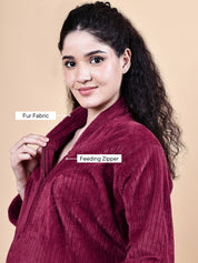 Maroon Solid Fur Winter Maternity Nighty