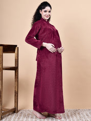 Maroon Solid Fur Winter Maternity Nighty