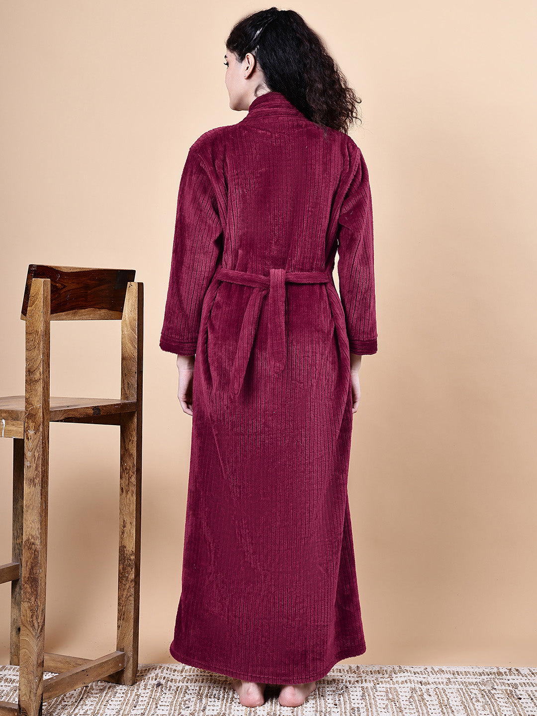 Maroon Solid Fur Winter Maternity Nighty