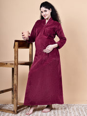 Maroon Solid Fur Winter Maternity Nighty