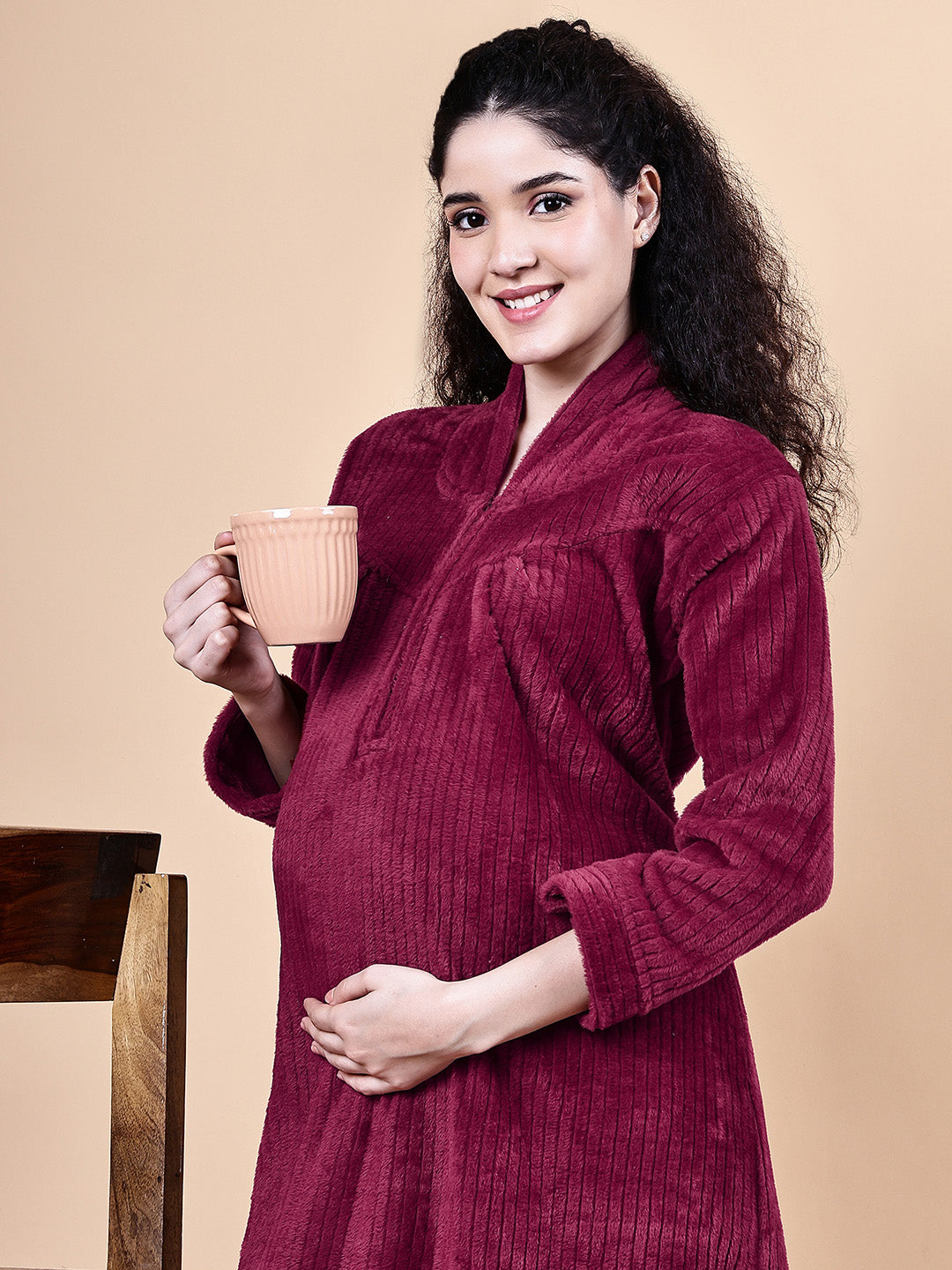 Maroon Solid Fur Winter Maternity Nighty