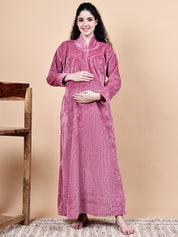 Secret Wish Pink Solid Fur Winter Maternity Nighty