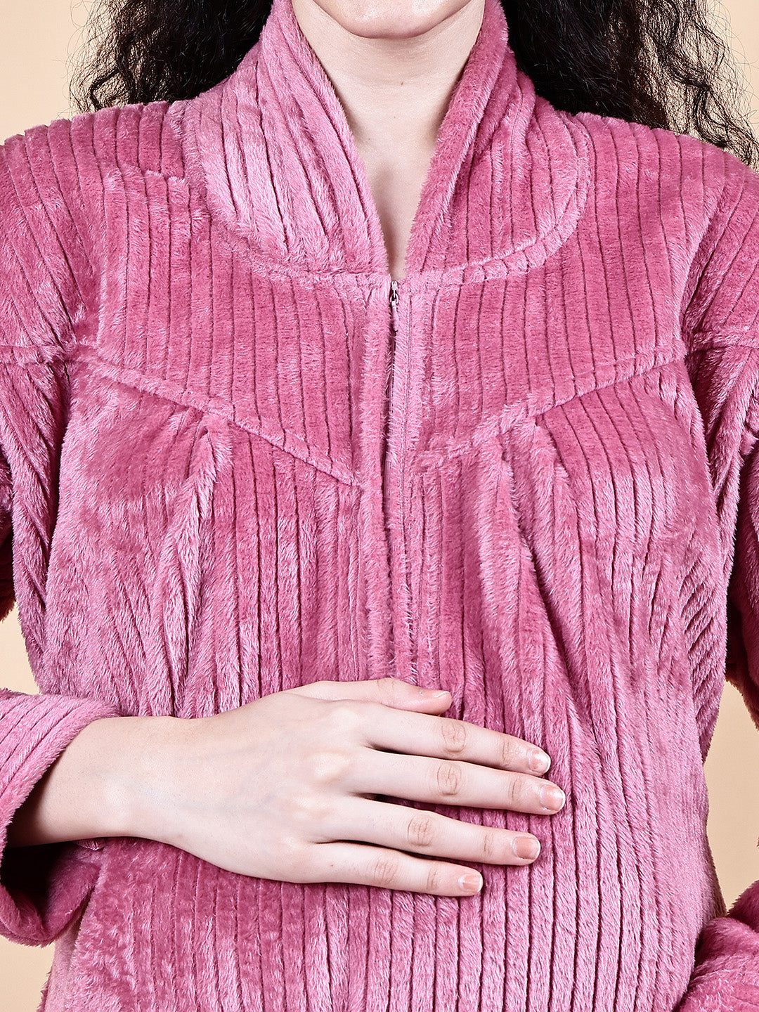 Secret Wish Pink Solid Fur Winter Maternity Nighty