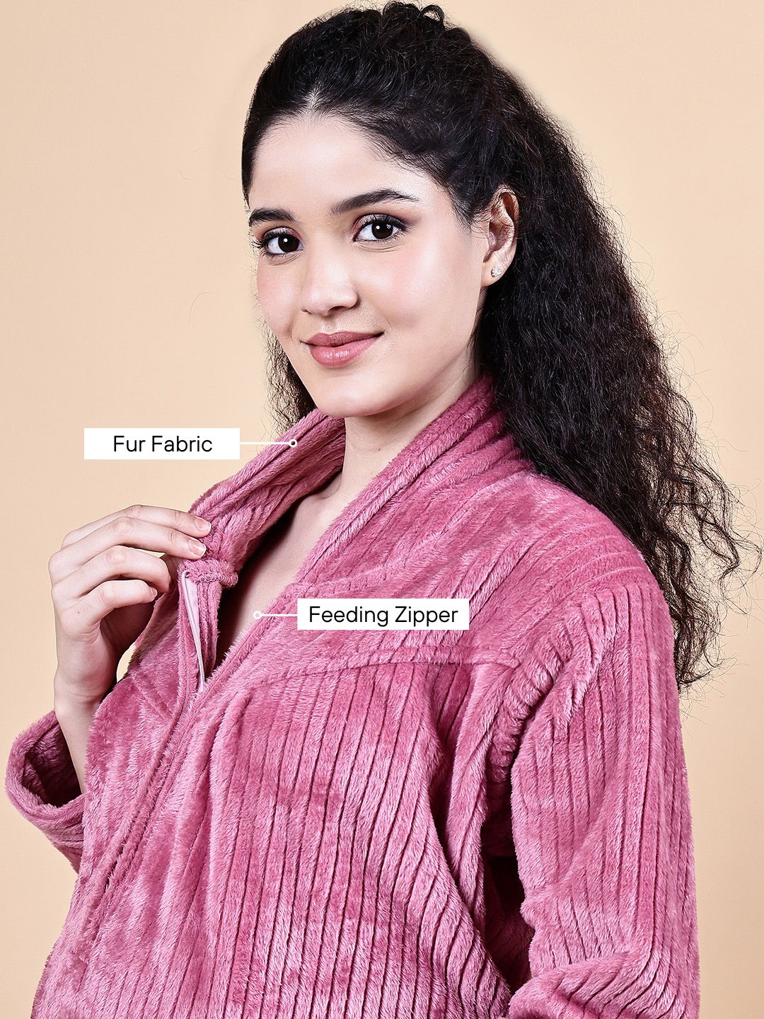 Secret Wish Pink Solid Fur Winter Maternity Nighty