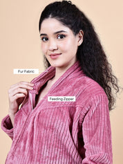 Secret Wish Pink Solid Fur Winter Maternity Nighty
